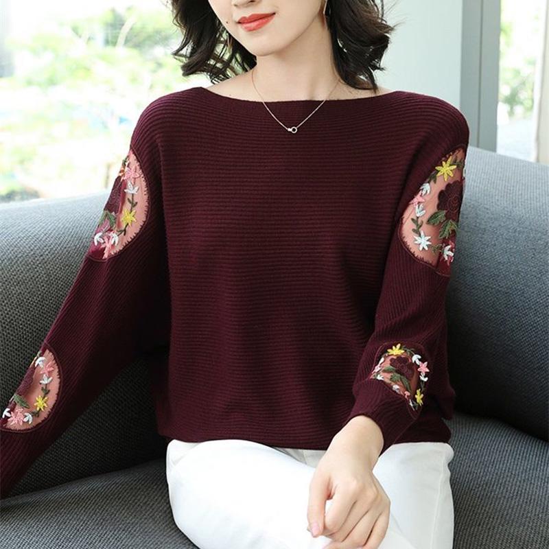 Round Neck Women's Shirt Loose Lace Hollow Knit Sweater Long Sleeves One-shoulder Short Bottoming Shirt