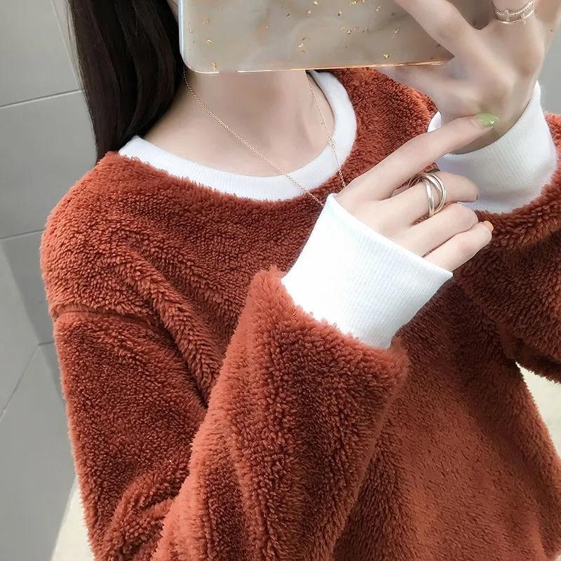 Double-sided Plush Pajamas Top Women's Pullover Plus Velvet Round Neck Bottoming Shirt Loose Autumn Winter Solid Color Home Wear Top