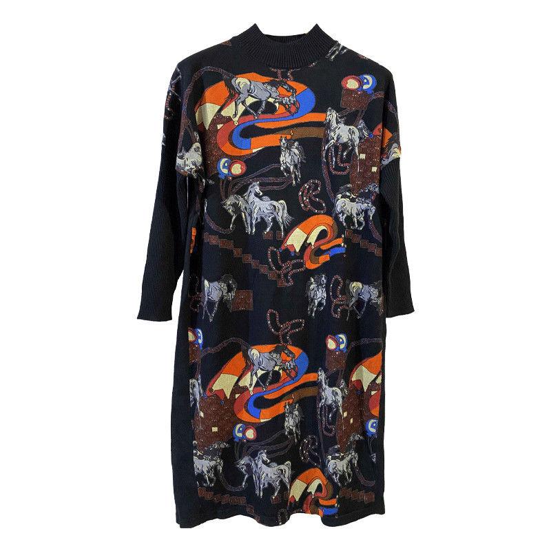 Long Printed Dress Autumn and Winter Calf-length Cardigan Loose Large Size All-match Knitted Pullover Sweater