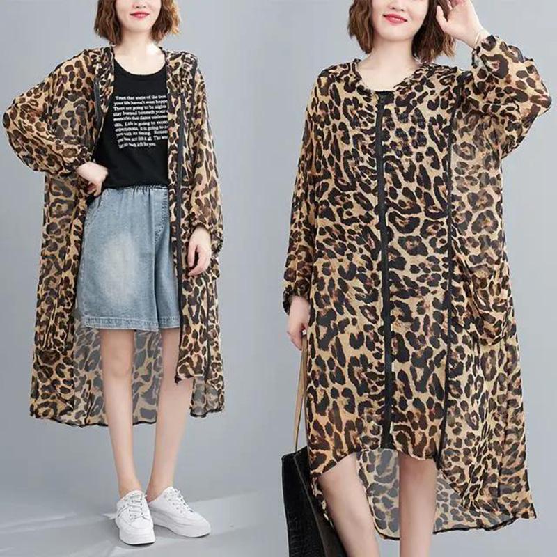 WTEMPO Large Size Chiffon Leopard Print Coat Long-sleeved Irregular Mid-calf Length Sun Protection Clothing Zipper Hooded