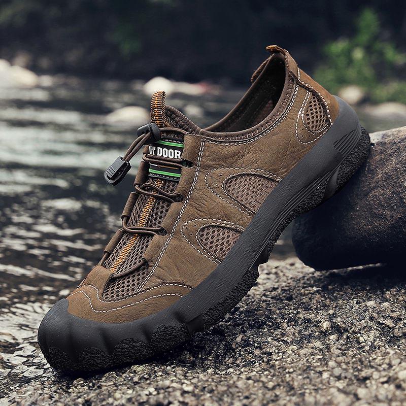 Plus Size 38-46 Men Outdoor Water Sneaker Non Slip Hiking Climbing Aqua Shoes Beach Barefoot Upstream Shoes Leather Seaside Shoes