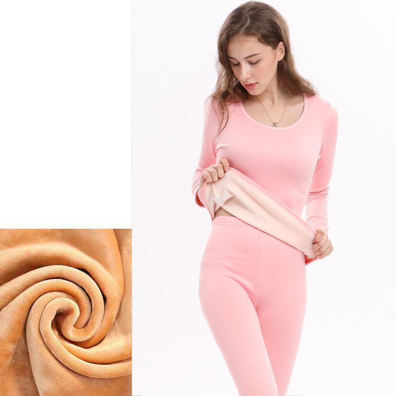 Women Plus Size Winter Thermal Underwear Plus Velvet Thickened O-neck Tops Pants Female Tight Suit Windproof Comfortable Soft Lining Long Sleeve