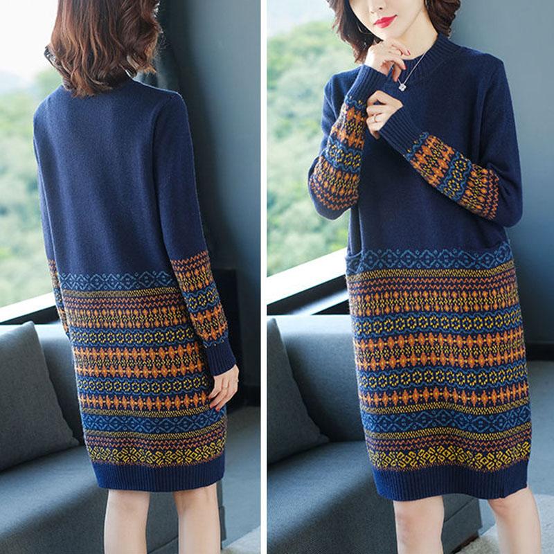 Women's Retro Rhombus Printed Sweater Long Jacquard Knitted Dress Pullover Sweater Dress with Pockets for Bottoming or Outer Wear