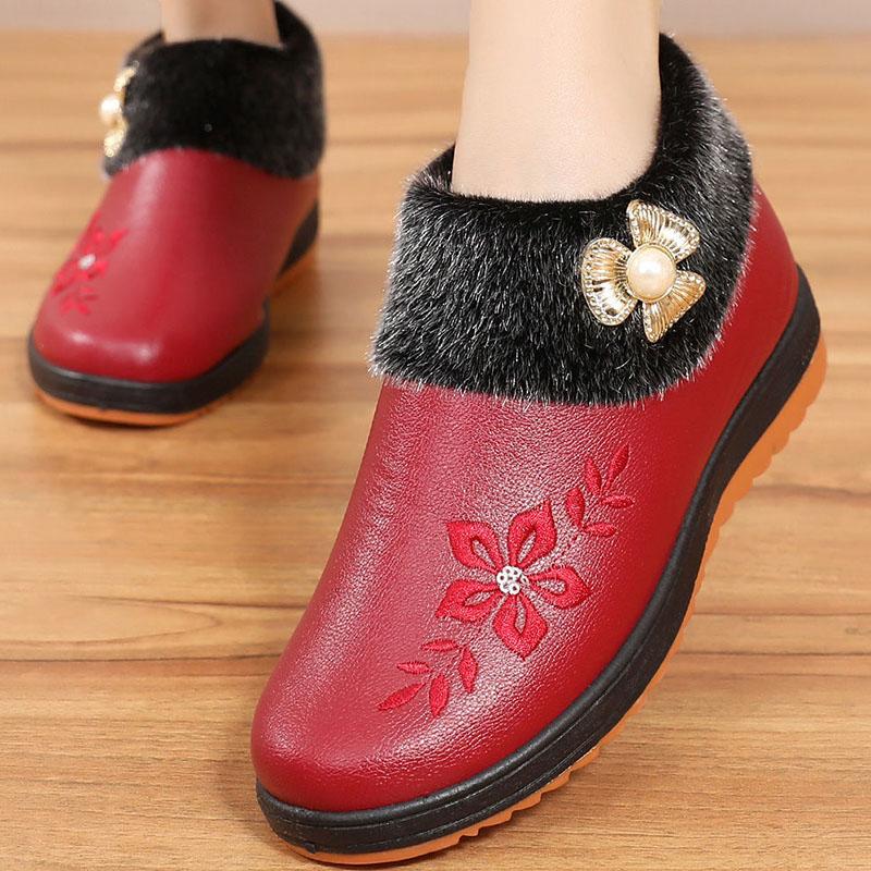 Winter Cotton Shoes Women PU Waterproof Non-slip Thick Warmth and Cotton Leather Boots Flat Shoes Women