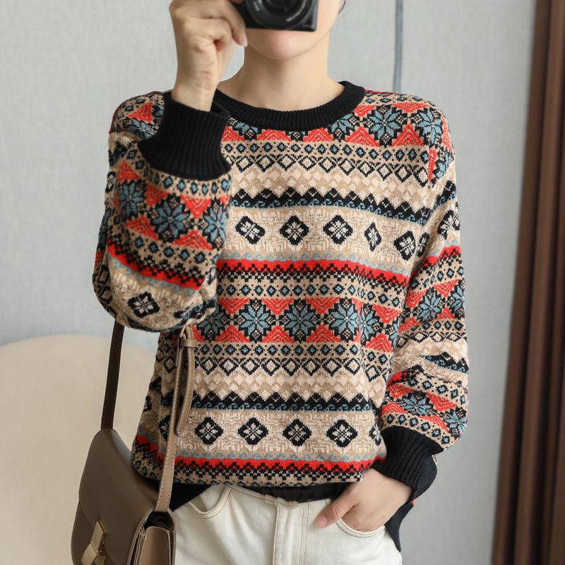 Round Neck Vintage Jacquard Woollen Sweater Women  Loose Outer Wear/bottoming  Knitted Pullover Top