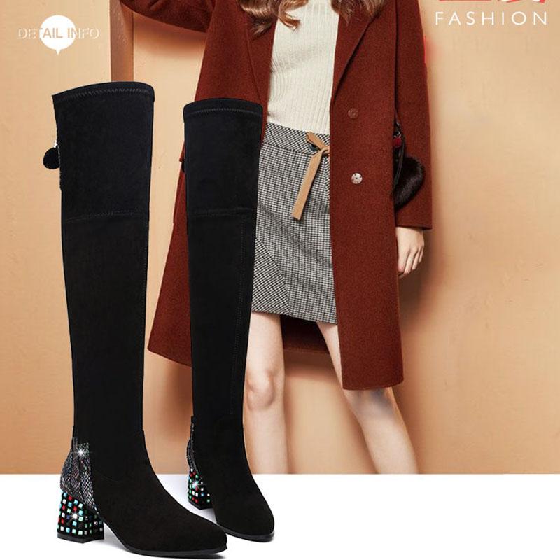 Women's Thick Heel Over Knee Boots High Heel Elastic  Boots Autumn  Winter Plus Fleece High Boots
