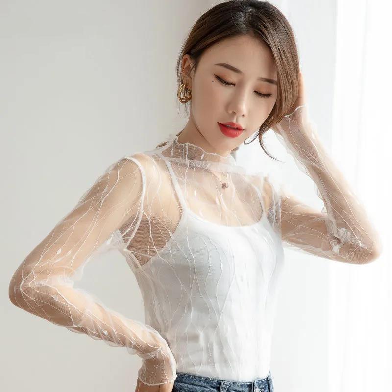 Sexy Mesh Transparent Blouses Tops Clothing Unlined Upper Garment Long Sleeve Net Build pullover