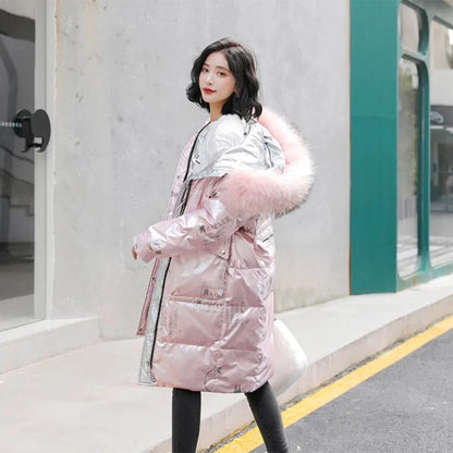 Women's Winter Korean Loose Quilted Coat Warm Down Jacket with Fur Collar Women's Glossy Mid-length Down Jacket