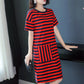 Cotton Fabric Loose Mid-length Striped Pocket T-shirt Skirt Covering The Flesh and Slimming Short-sleeved Dress Women's Loose Striped Straight Dress