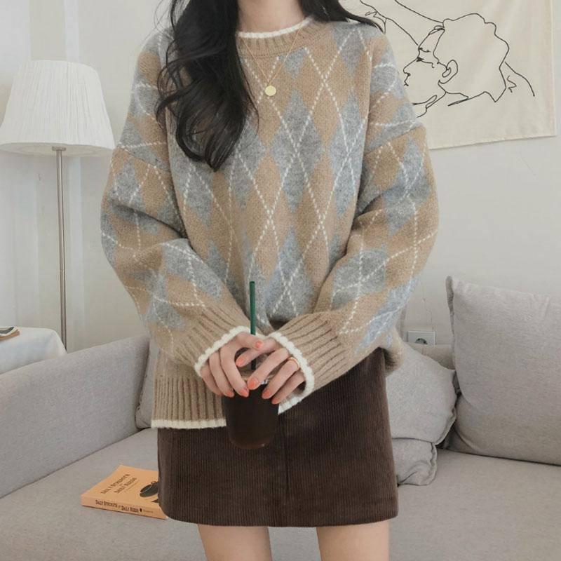 Loose Pullover Sweater Women's Autumn and Winter Retro Diamond Plaid Thick Knitted Sweater