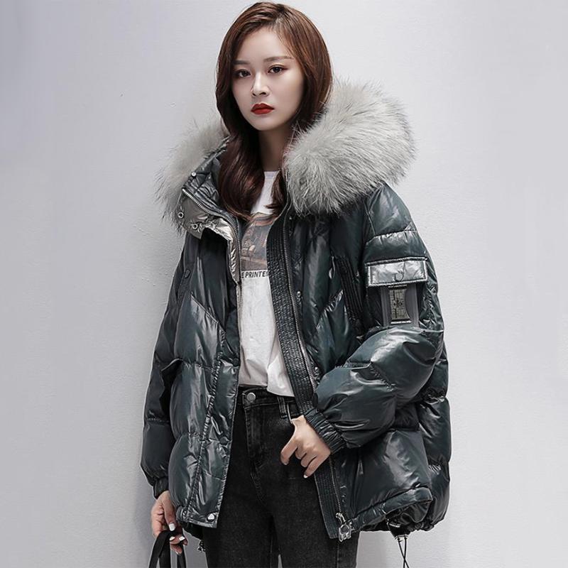 Women's Glossy Loose Down Jacket Mid-length Korean Thick Coat Warm Cotton Coat with Big Fur Collar Winter Quilted Jacket