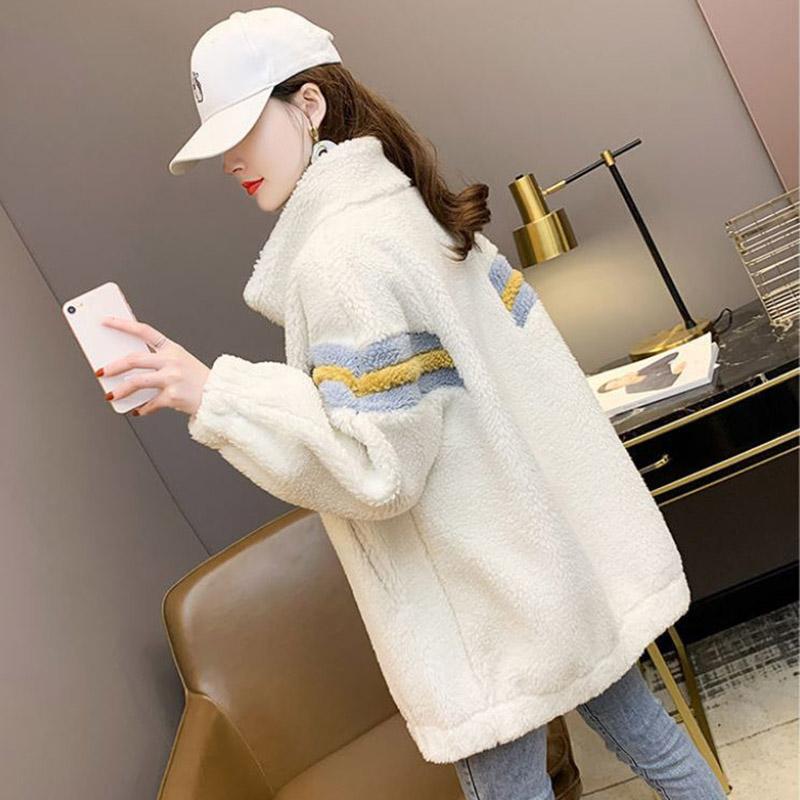 Winter Lamb Wool Coat Korean Loose Stitching Stand Collar Coat Women's Contrast Color Thickening Mid-length Warm Coat