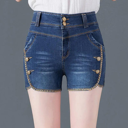 High-waisted Denim Shorts Women's Summer Wear Stretch Large Size Was Thin and All-match Casual Straight-leg Pants