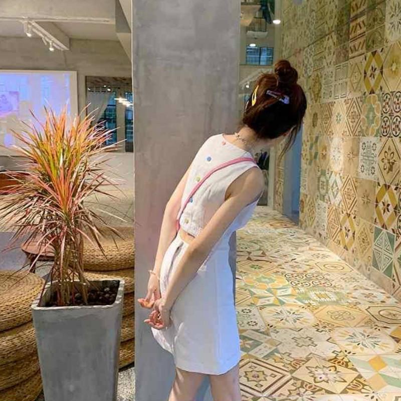 Sweet Sleeveless White Slim-fit Waist Skirt Girlish Rainbow Color Button A-line Short Dress