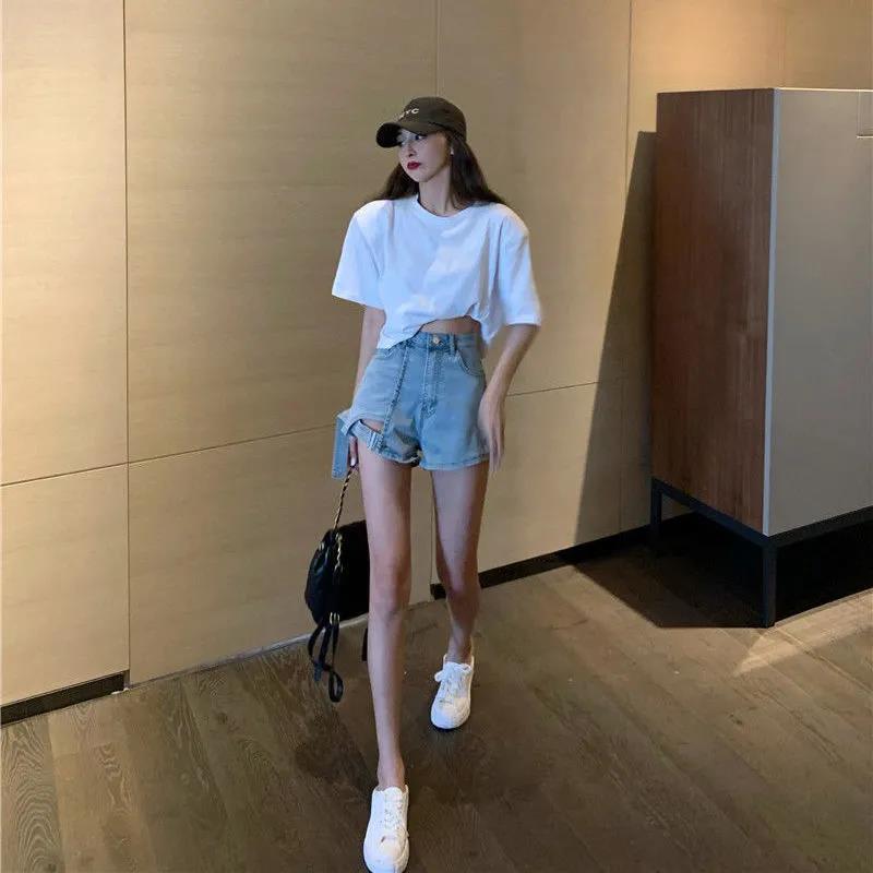 Girl Plus Size Denim Shorts Women Ins High Waist Slim Stretch Summer Student Loose Wide-leg A-line Pants