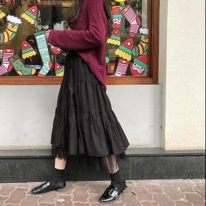Autumn Korean Version of Mesh Stitching Skirt Female Students Loose and Versatile Super Fairy A-line Skirt Long Skirt