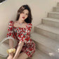 Women's Summer Slim Skirt Floral Square Neck Puff Sleeve Dress