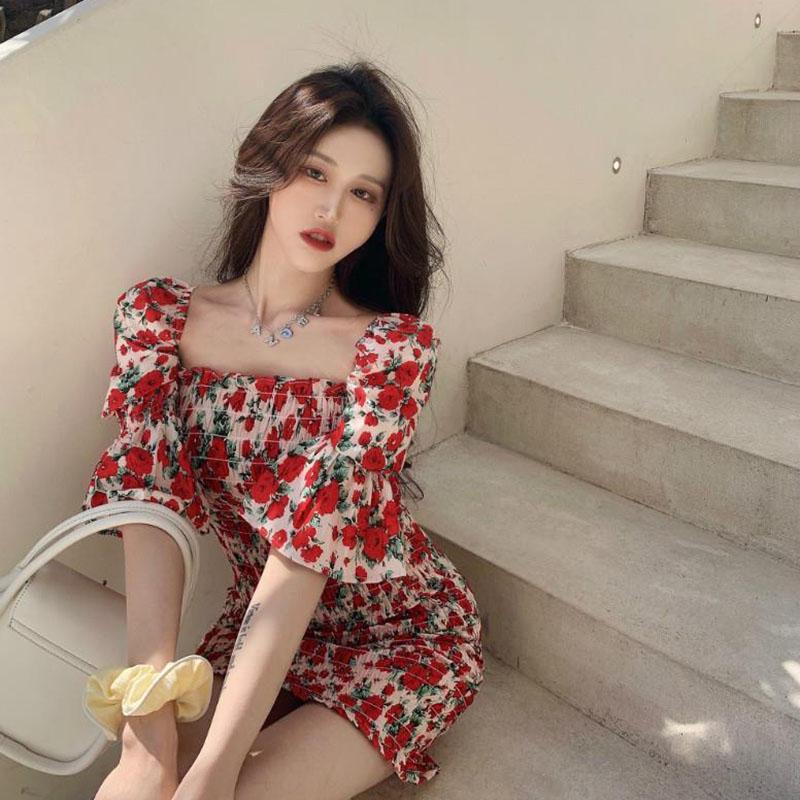 Women's Summer Slim Skirt Floral Square Neck Puff Sleeve Dress