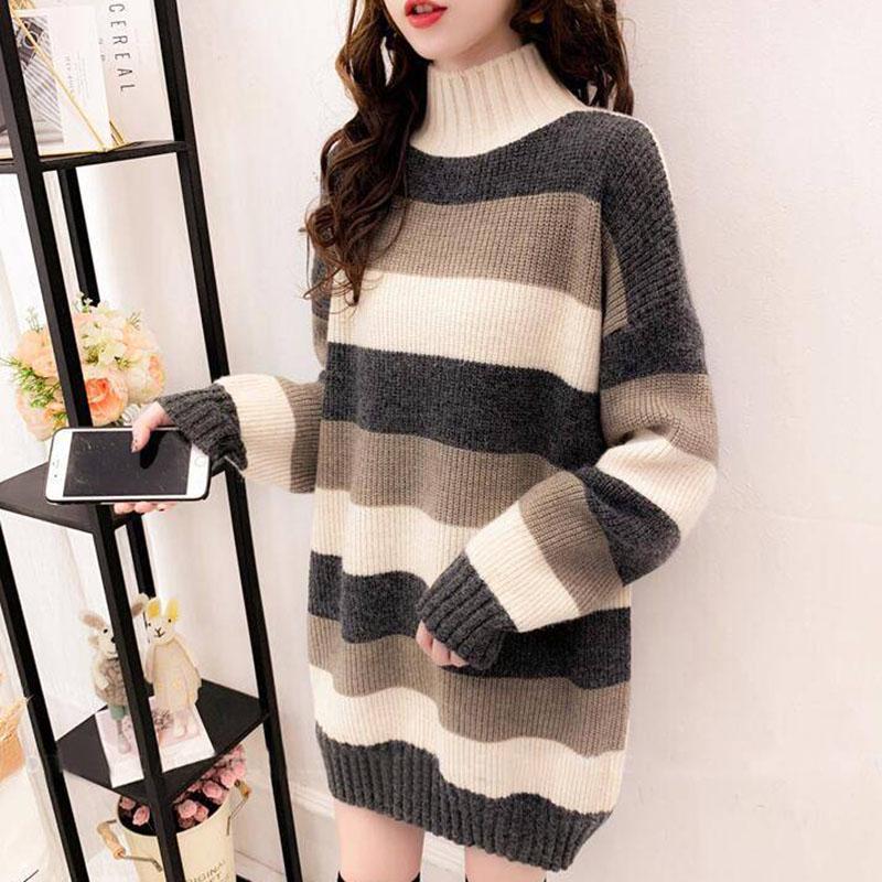 Women's Striped Turtleneck Sweater Long Sleeves Loose Mid-length Pullover Sweater Jumper