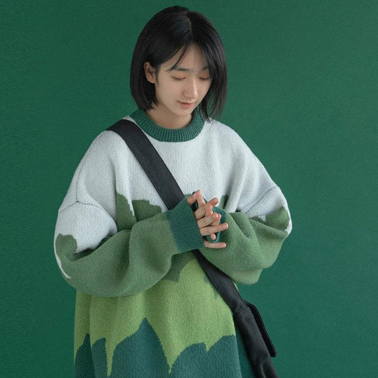 Autumn and Winter Oversize Knitting Sweater Color Matching Jumper Clothes Loose Casual Student Girls Sweaters Women Color Stitching Knit Pullover Tops