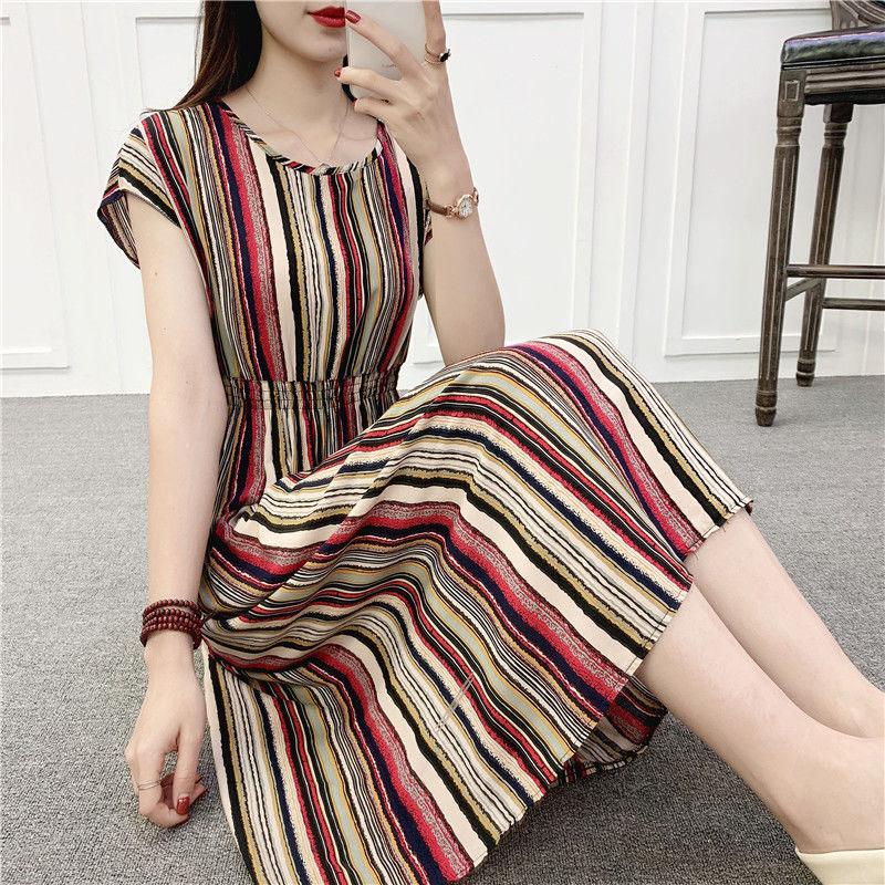 Mid-length Dress Printed Vest Summer Waist Mid-length Dress  Ethnic Style Cotton Silk Floral Dress