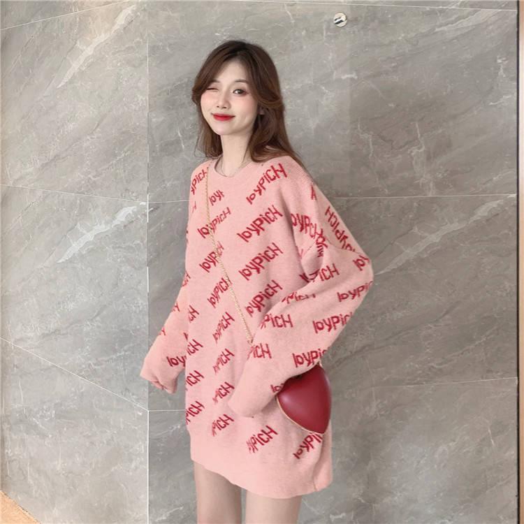 Chic Letter Knitwear Crew Neck Loose Knitting Pullover Simple Color Jumper Sweater Top