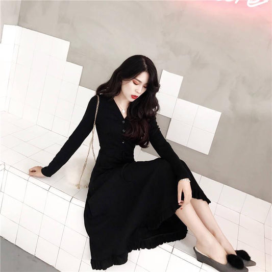 Autumn skirt new female was thin V-neck slim long-sleeved waist bandage first love skirt retro dress