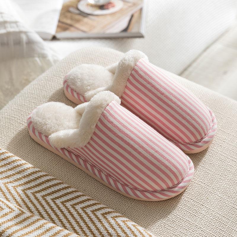 Autumn and Winter Pure Cotton Slippers Striped Design Indoor Non-slip Soft-soled Shoes Warm Simple Plush Cotton Shoes