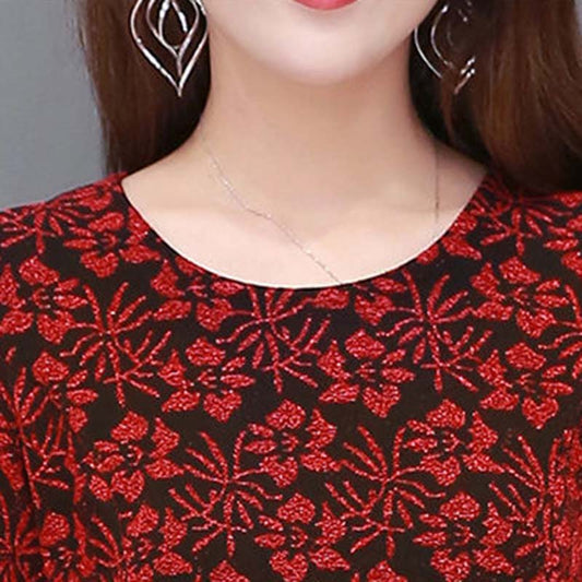 Women's Spring and Autumn Long-sleeved Top Large Size Waist Round Neck Printed Top