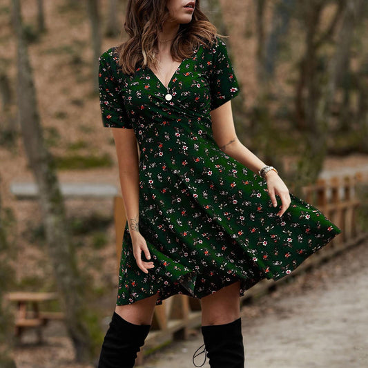 Ladies Casual Elegant V-Neck Short Sleeve Floral Vintage Dress Slim Fit Swing Skirt