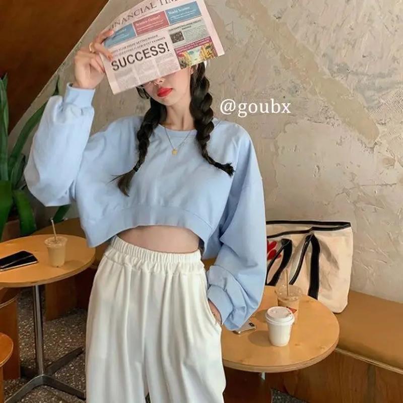 Spring Autumn Hoodies Short Sexy Long Sleeve Pullover Sweatshirt Oversized Loose Casual Tops