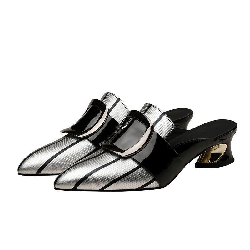 Soft Leather Sandals Women Middle Heel Slippers Pointed  Slippers Thick Heel Sexy Heel Sandals