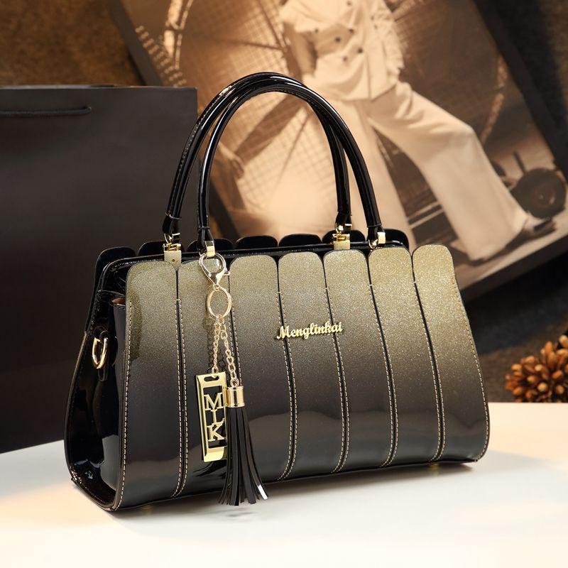 Bright Leather Ladies Bag Shoulder Slung Handbag Simple Splicing Patent Leather Handbag