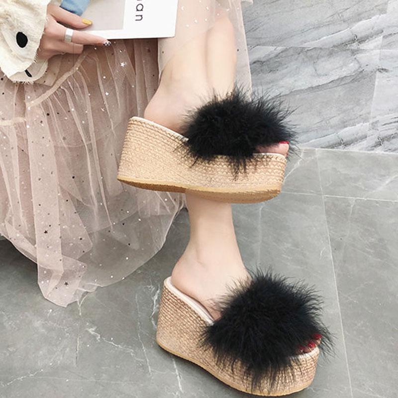 Fur Slippers Women Fluffy Sliders Comfort Summer Wedge Heeled Slippers Sweet Ladies Platform Slippers Footwear