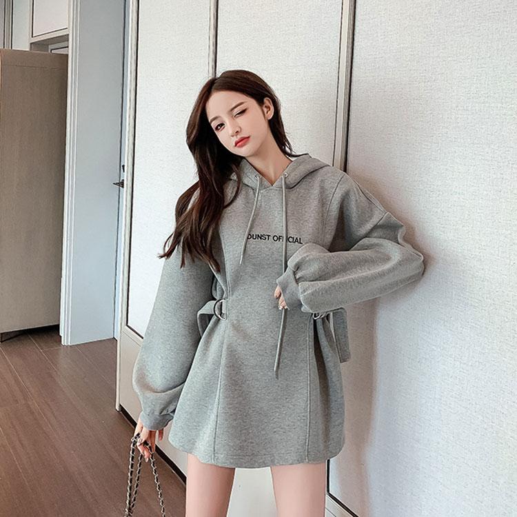 Women's Spring and Autumn Large Size Hooded Sweater Mid-Length Lace-Up Design Top Long Sleeve Pullover Sweater Dress