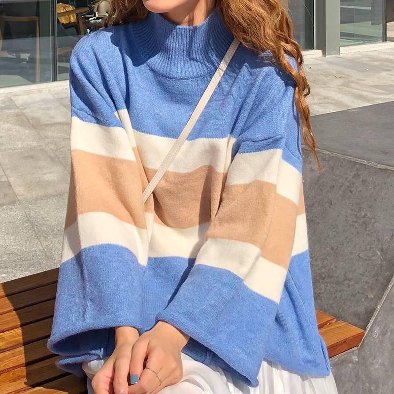 Thick Color-matching Turtleneck Female Autumn Winter Striped Bottoming Sweater Loose Top