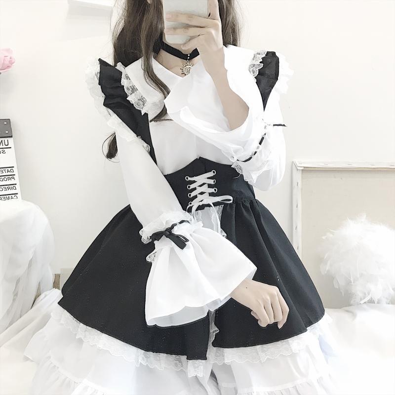 Black and White Gothic Style Maid Costume Lolita Dress Cute Japanese Costume Party Dress