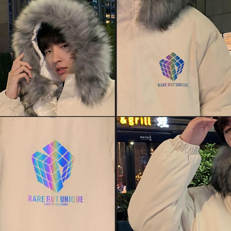 Rubik's Cube Reflective Cotton Coat Male Fur Collar Korean Style Loose Bread Coat Winter Student Handsome Padded Coat