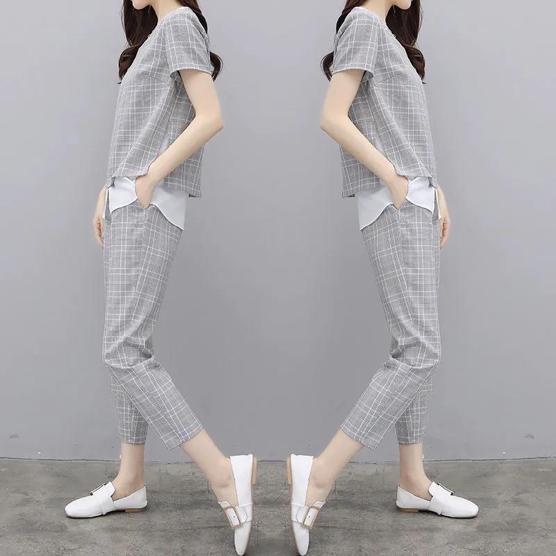 Women's Loose and Thin Casual Plaid Suit Women's Casual Pants Two-piece Suit Round Neck Short Sleeve + Casual Straight-leg Pants Ladies Daily Suit