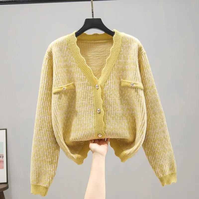 Cardigan Women's Autumn Plaid Long-sleeved V-neck Knit Sweater Coat Korean Style Loose Sweater Women