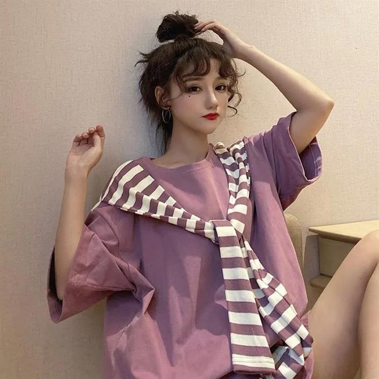 Navy Style Women Dress Girl Loose O-Neck Short Sleeve Casual Long T-shirt Dress Big Loose Comfort