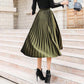 Spring Women Long Metallic Silver Pleated Skirt Midi Skirt High Waist Elascity Casual Skirt Vintage