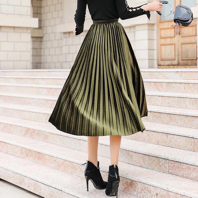 Spring Women Long Metallic Silver Pleated Skirt Midi Skirt High Waist Elascity Casual Skirt Vintage