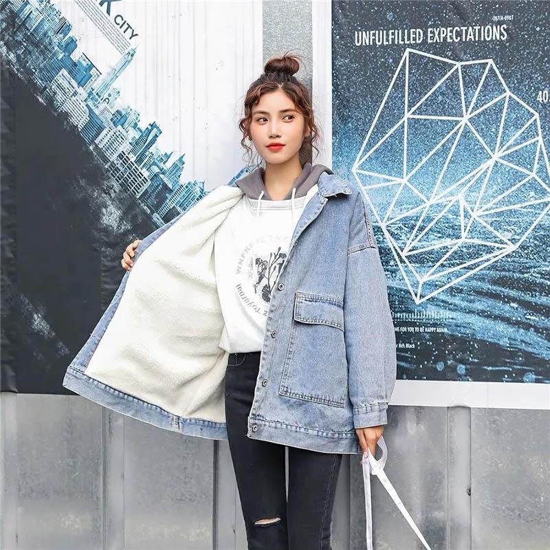 Plush Thick Denim Jacket Female Autumn and Winter Models All-match Cotton Coat Loose Student Harajuku Style Cotton Coat
