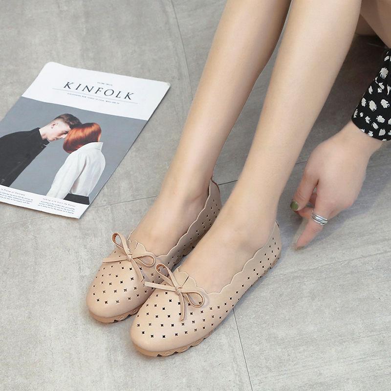 Soft Sole Flat Casual Single Shoes One Pedal Lazy Shoes White Nurse Shoes Light and Breathable Comfortable Soft Retro Ladies Hollow Leather Shoes