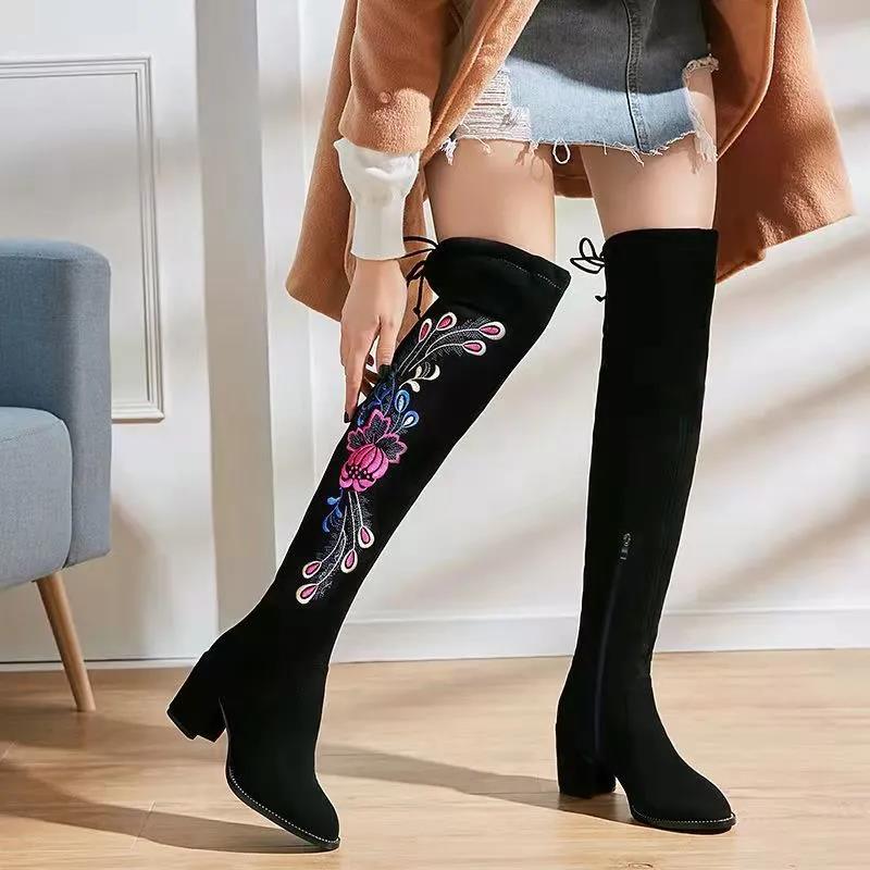 Children's Over-the-knee Boots, Ethnic Embroidery Boots, Thick-heeled Round-toe Elastic Suede Boots