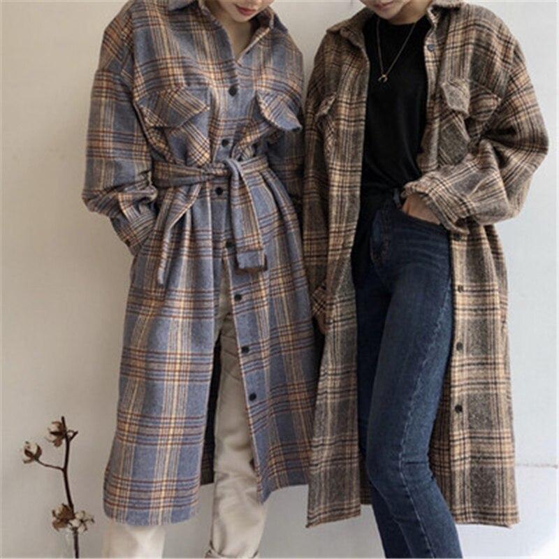 Fashion Plaid Long Woolen Coats Women Winter Korean Casual Loose Single Breasted Jackets Females Streetwear Outwear
