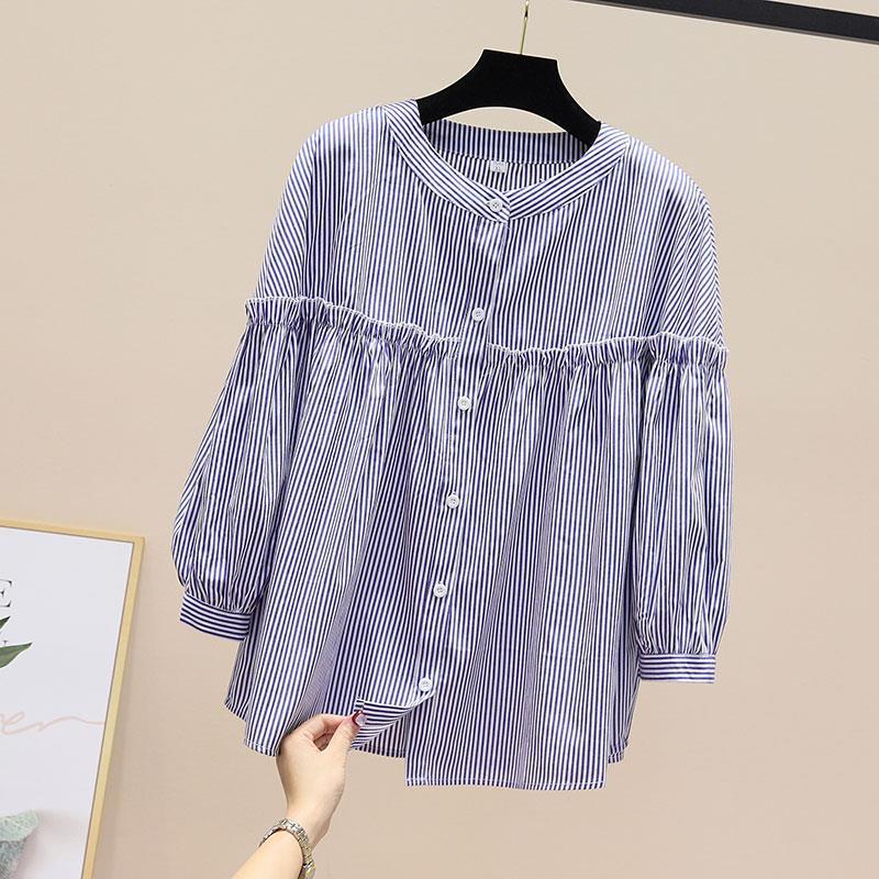 Spring Fashion Casual Stand Collar Striped Shirt Women's Versatile Ninth Sleeve Lace Shirt