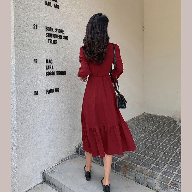 Lace Ruffle Cute Sweet Well-behaved Girl Solid Color Long A-shaped Skirt Age Reduction Long Sleeve Pearl V-neck Dress