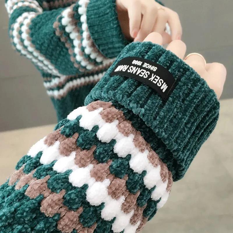 Women's Winter Large Size Versatile Striped Sweater Female Autumn Loose High Collar Long Sleeve Warm Knitted Pullover